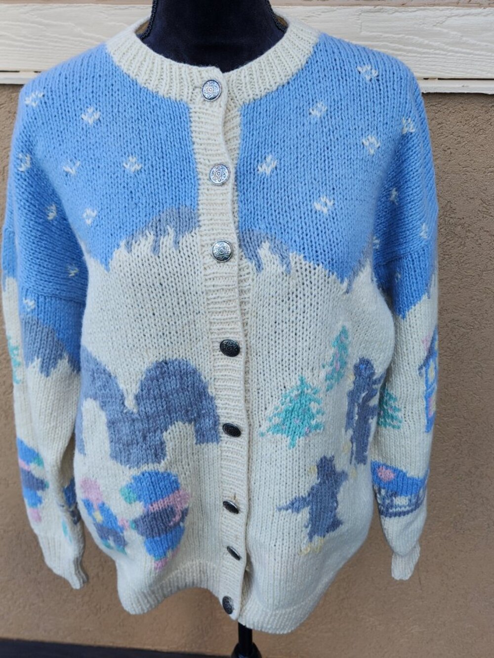 Vintage 90s Y2K Eddie Bauer Wool Cardigan Chunky Knit Cabin Fair Isle Sweater L - Picture 3 of 16